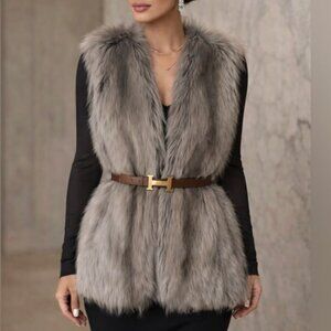 NWT Max Studion Gray Faux Fur Vest Gilet Jacket Coat